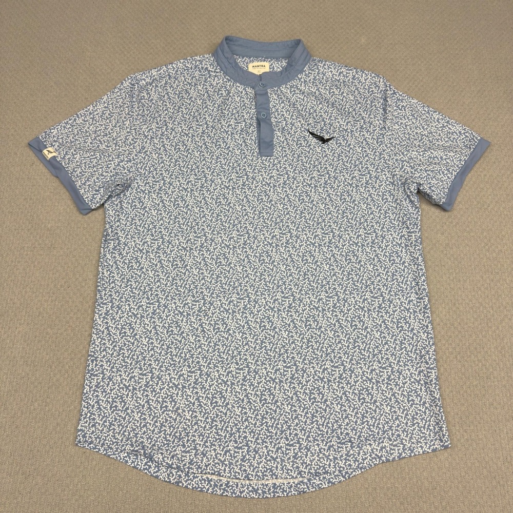 Mantra Catalyst Polo Shirt Mens Large Blue White Abstract Print Mandarin Collar